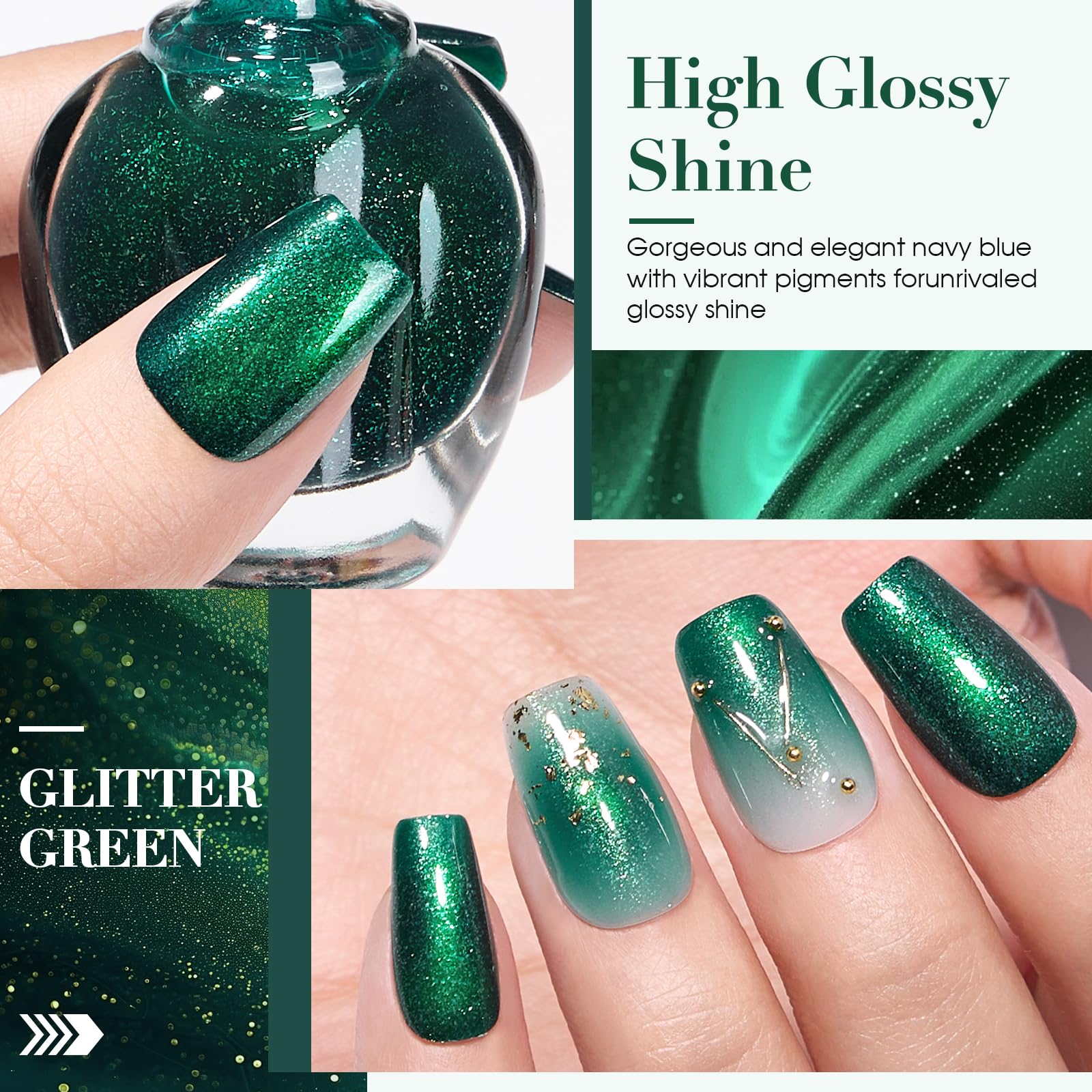 COSMOO nail swatch under varied light showing vibrant green sparkle