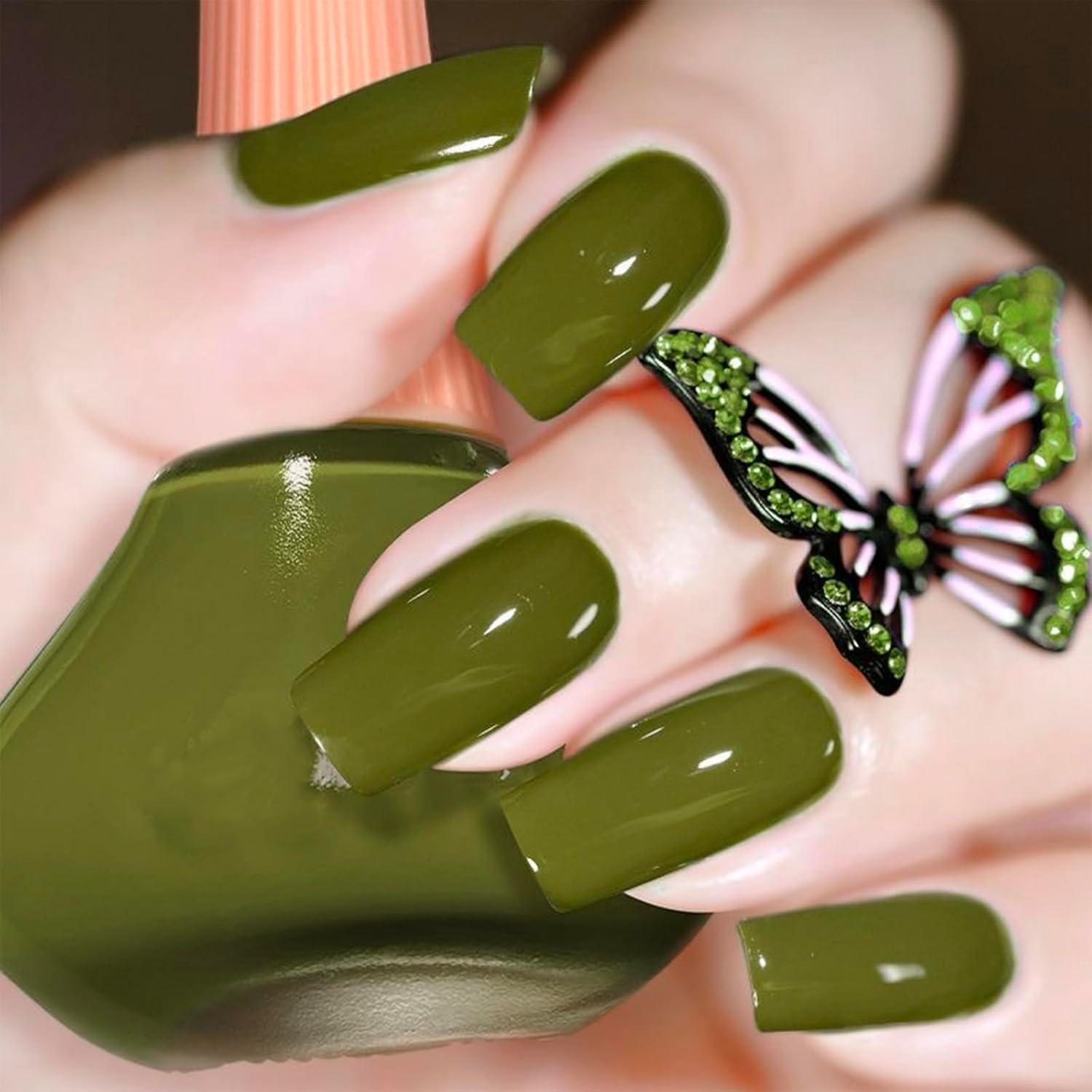 COSMOO front bottle view showing olive green polish and glossy benefit