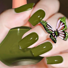 COSMOO front bottle view showing olive green polish and glossy benefit