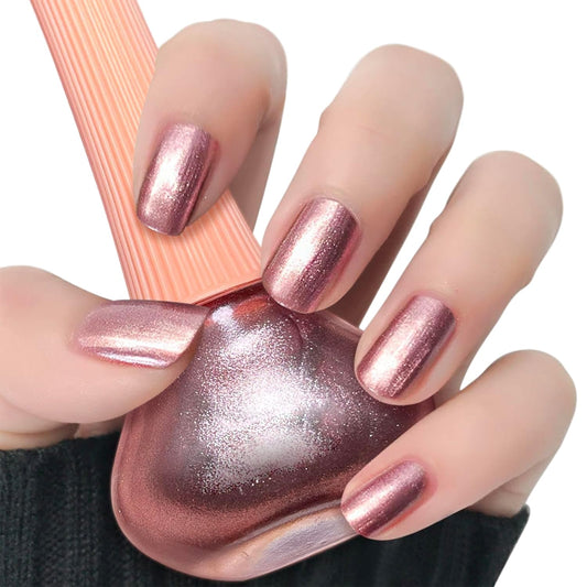 COSMOO bottle front view showing rose gold shimmer and compact size benefit
