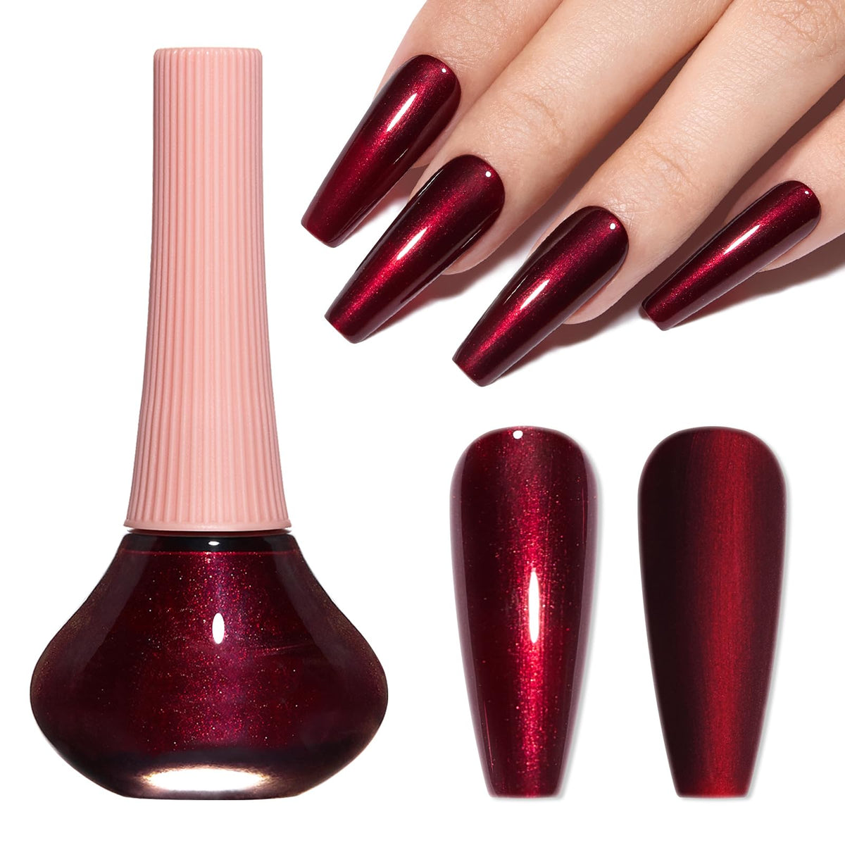 COSMOO bottle front view showing deep burgundy shade and glossy finish