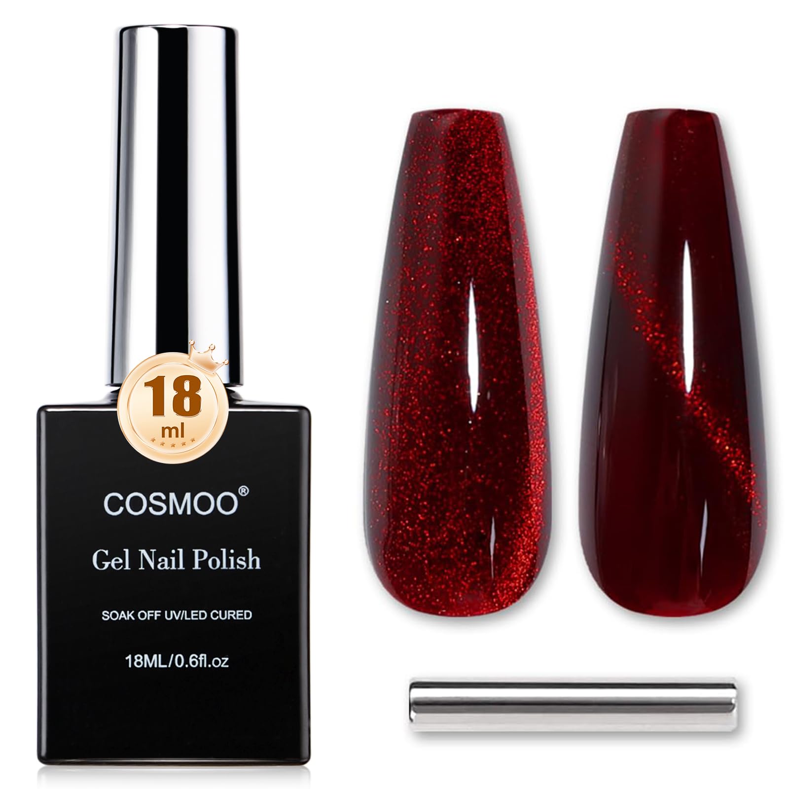 COSMOO bottle front view showing deep wine red finish and shimmer benefit