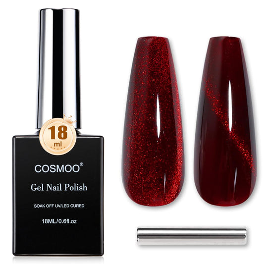 COSMOO bottle front view showing deep wine red finish and shimmer benefit