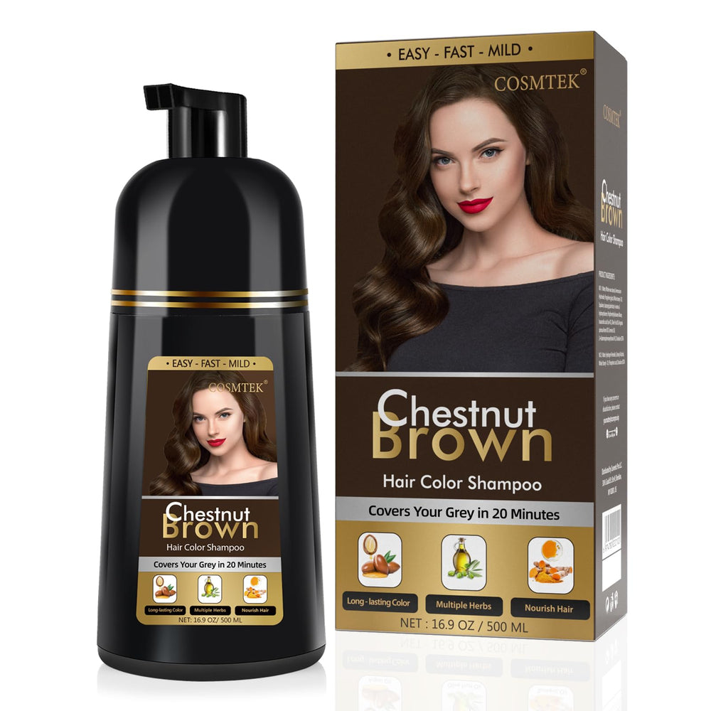 COSMTEK front bottle view showing chestnut brown shampoo for easy at-home color