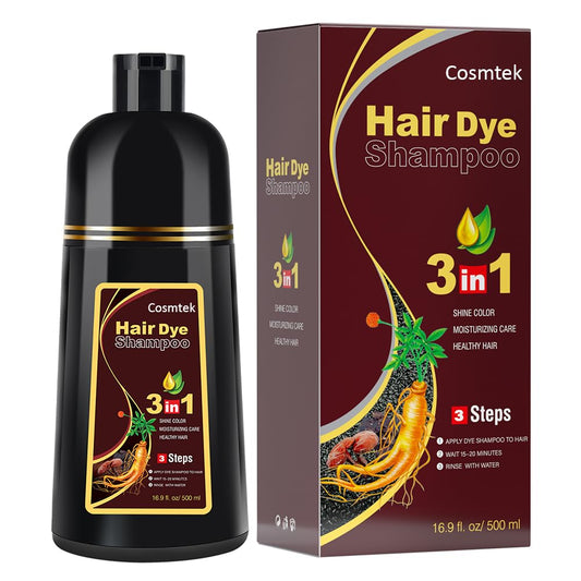 COSMTEK bottle front view showing dark brown shampoo and clear labeling benefits