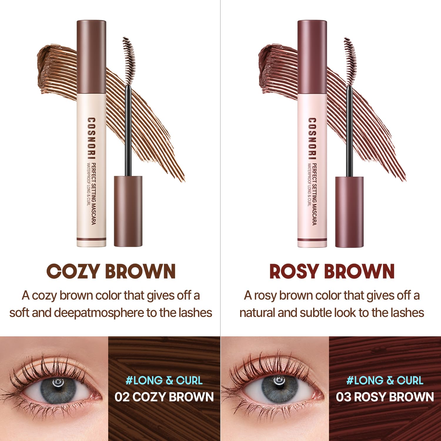 COSNORI before and after lashes demonstrating length and curl