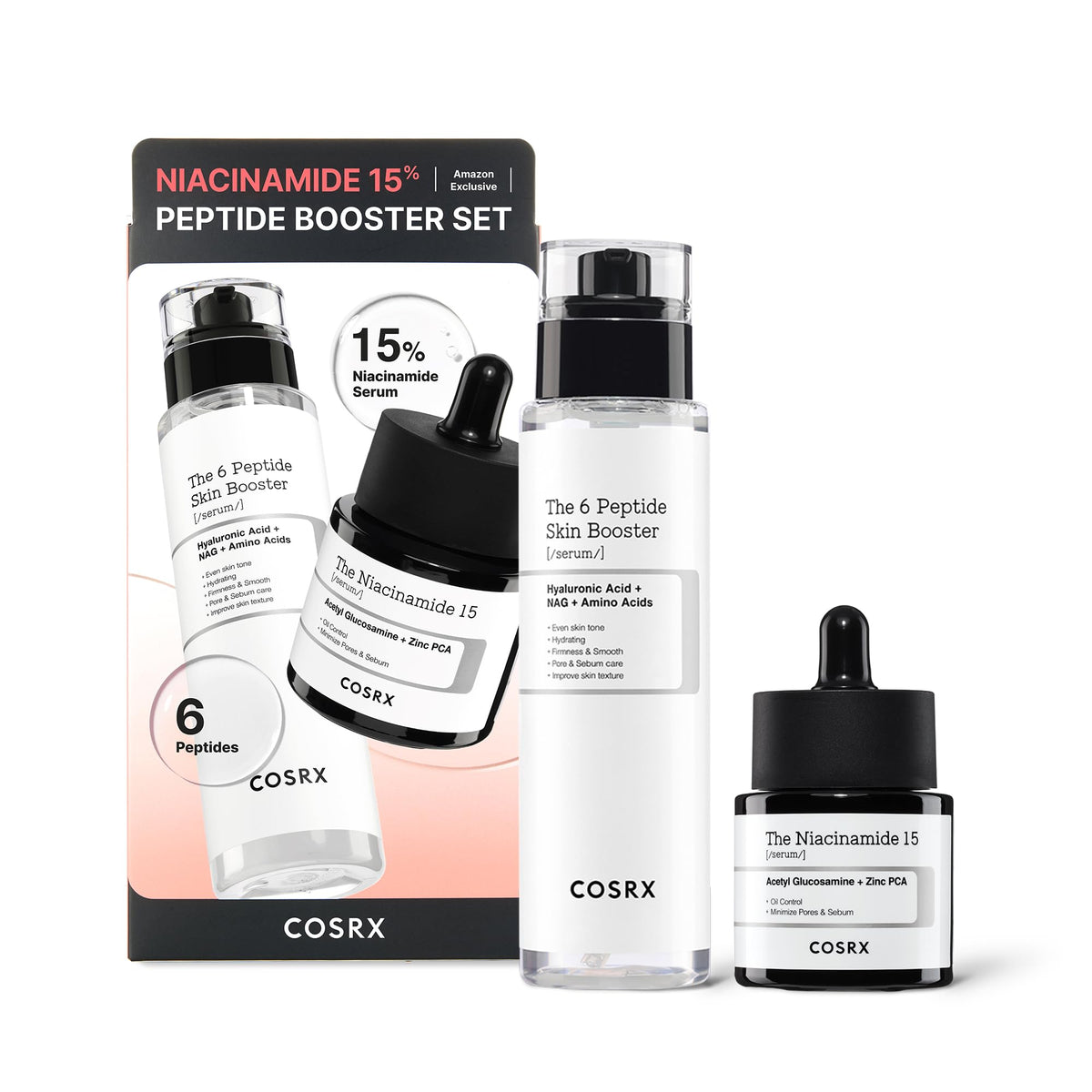 COSRX front packaging showing the full niacinamide peptide set and clear labeling benefits