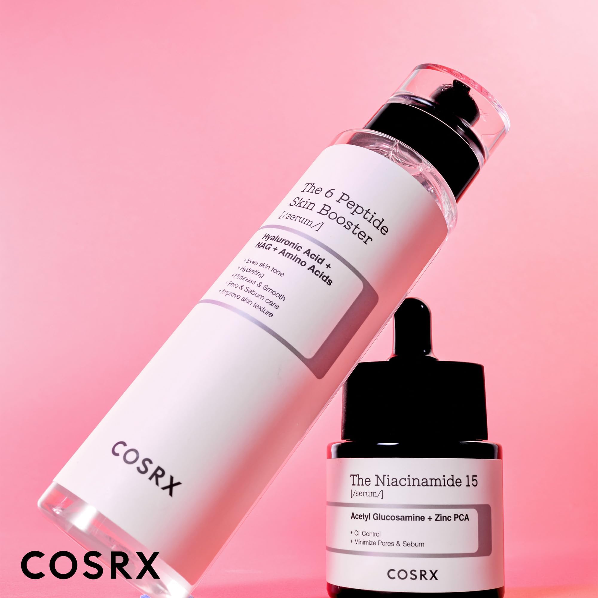 COSRX bottles next to a coin size comparison showing travel-friendly dimensions benefit