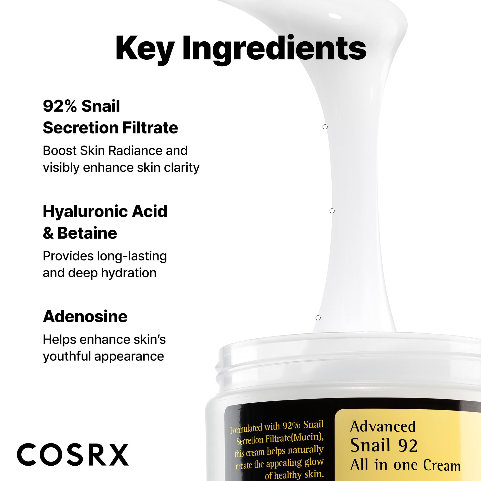COSRX cream on fingers demonstrating lightweight spreadability