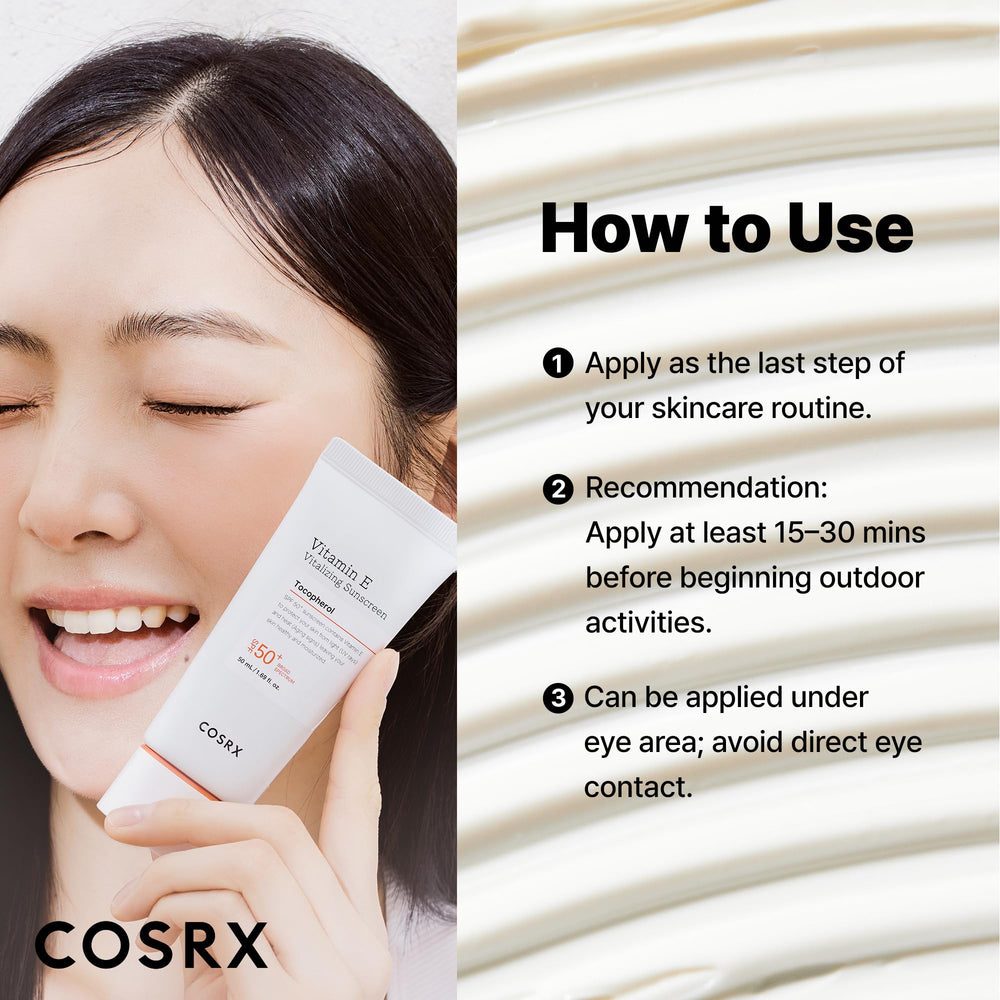 COSRX label close-up showing ingredient panel and Vitamin E benefit