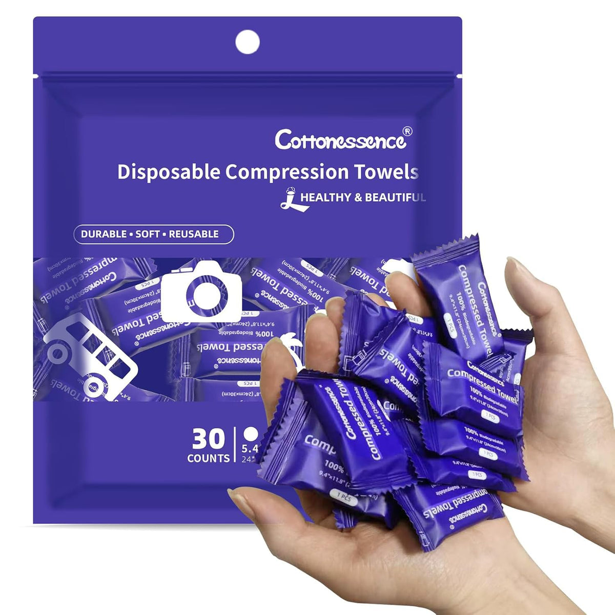 Cottonessence front packaging showing 30-count travel towels and benefits