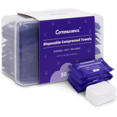 Cottonessence front packaging showing the 50-pack and product benefits for travel convenience