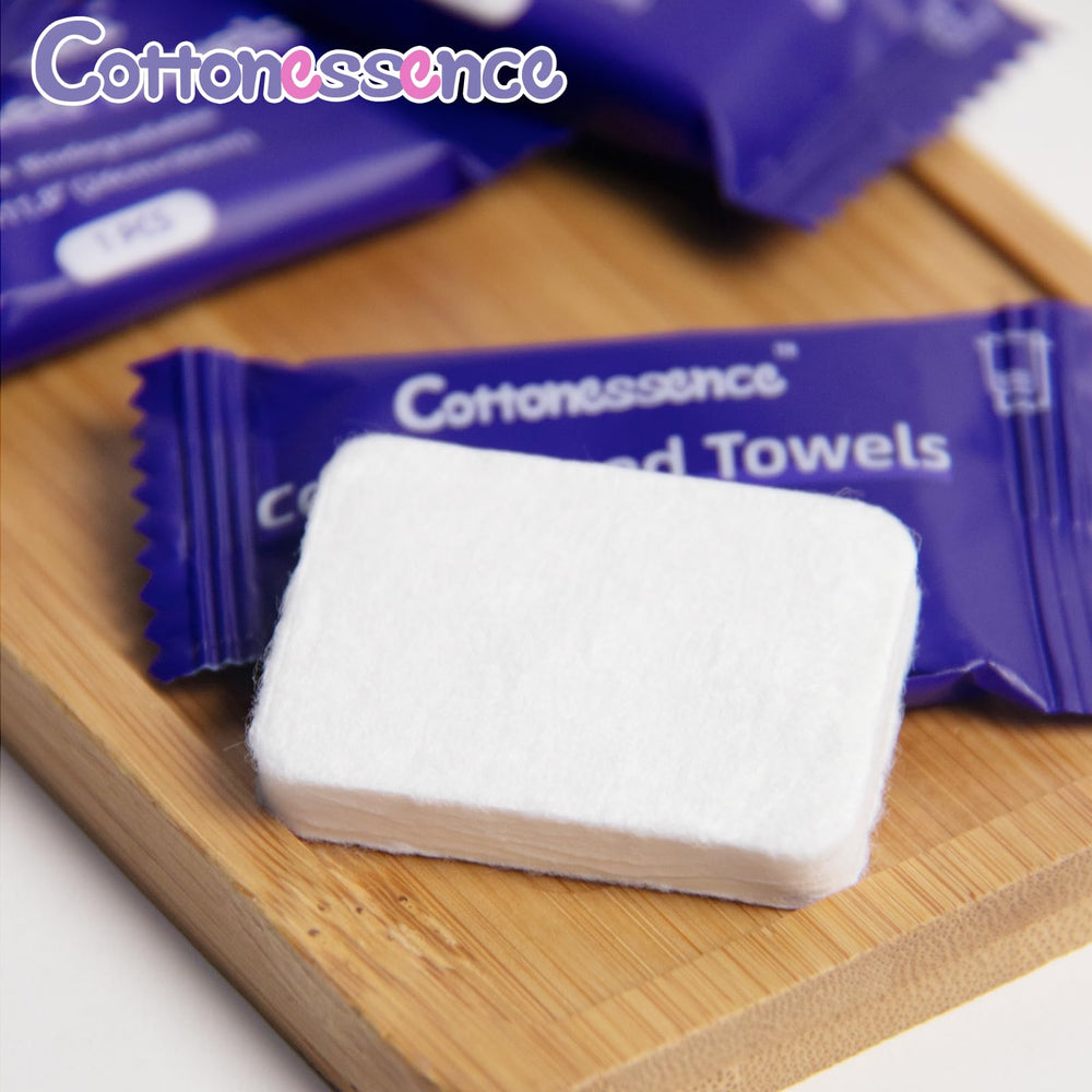 Cottonessence pack comparison scale with a card showing compact packed dimensions