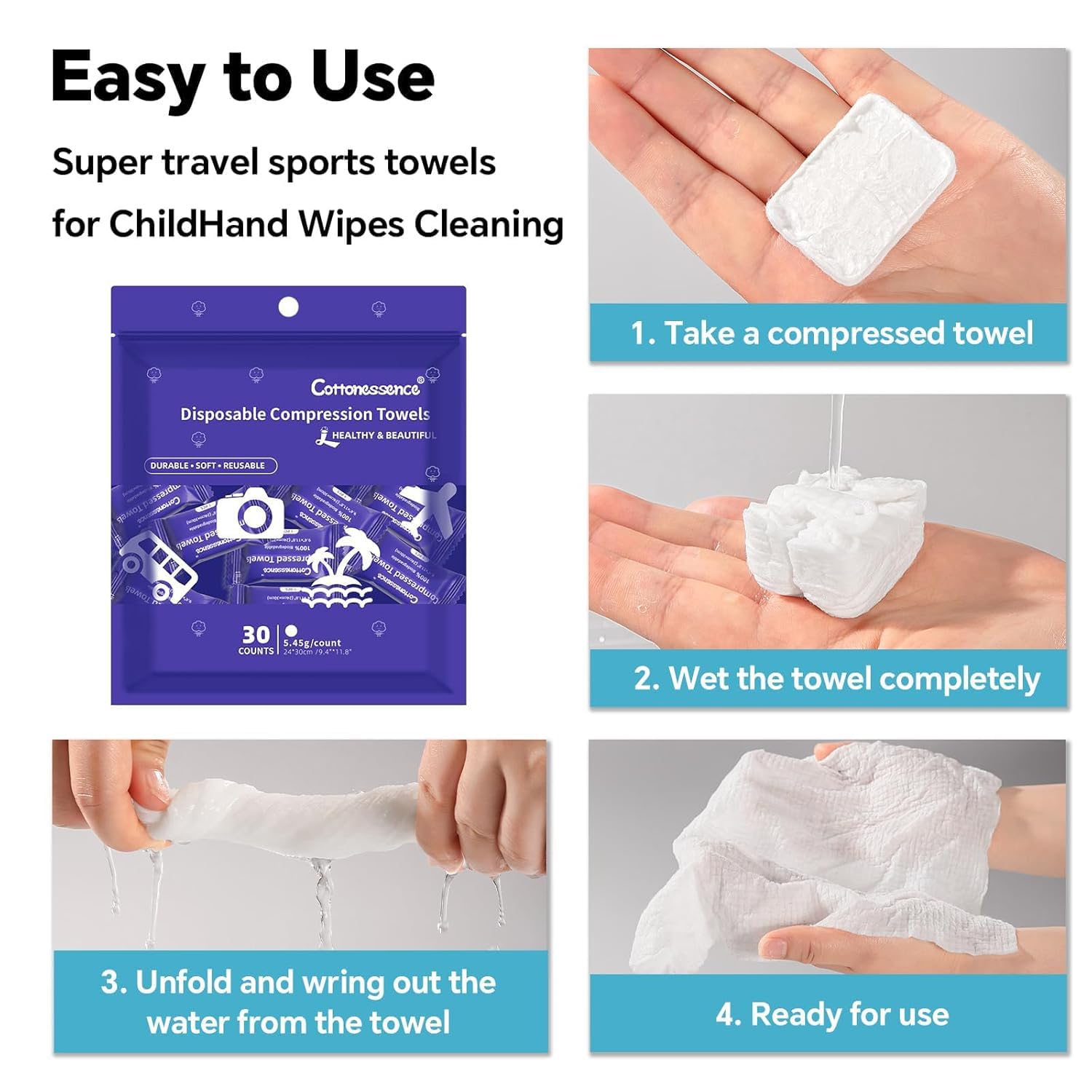 Cottonessence towel in hand demonstrating quick expansion and soft feel