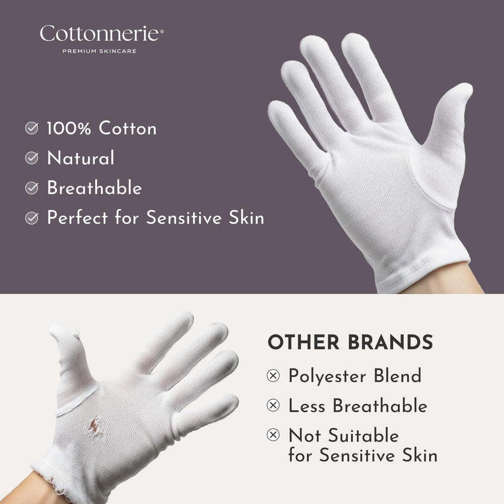 COTTONNERIE gloves worn in bed locking in overnight moisturizer