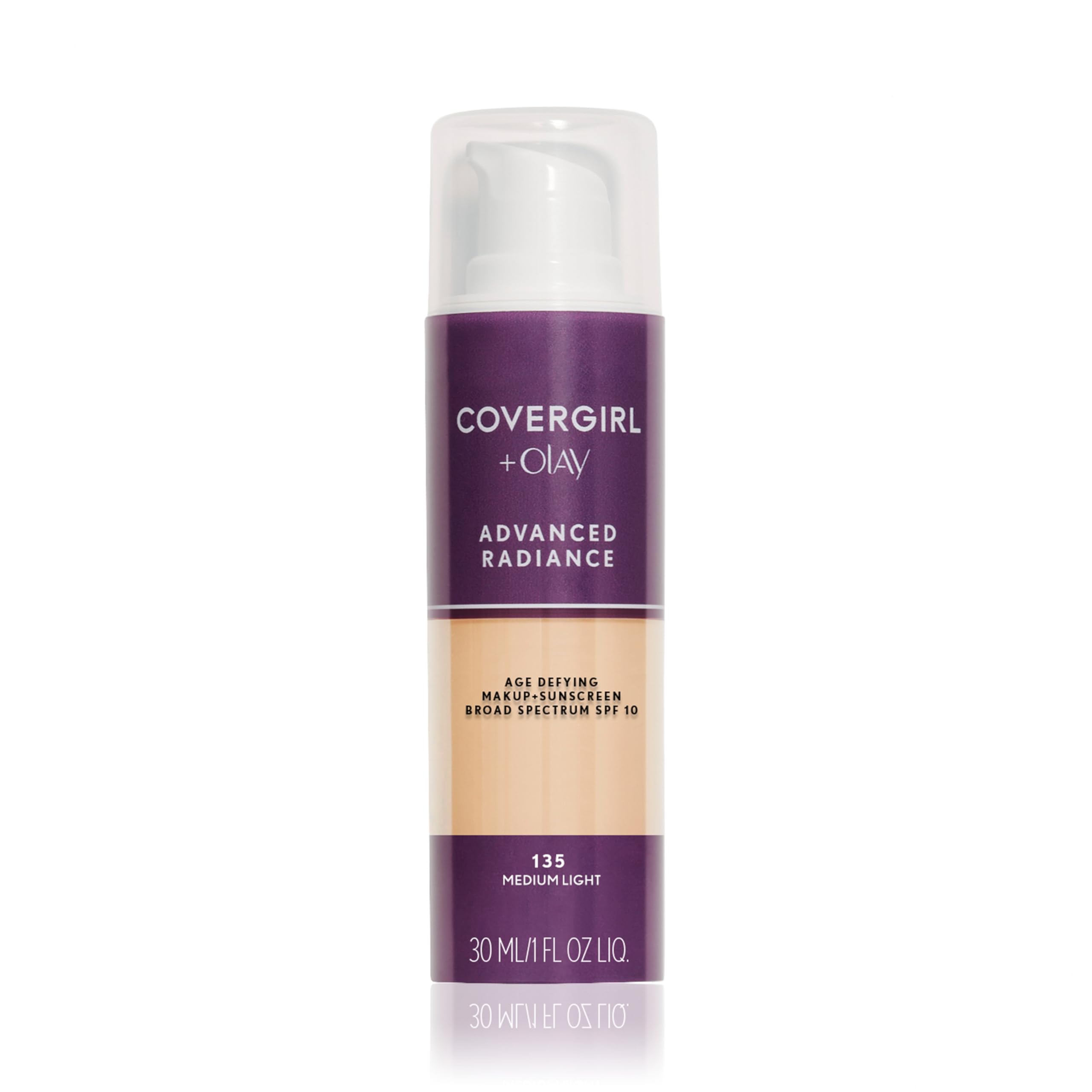 COVERGIRL front packaging showing Medium Light 135 shade and glossy bottle benefit radiant coverage