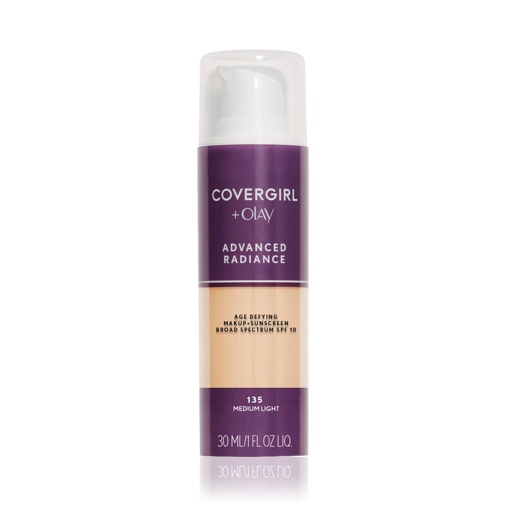 COVERGIRL front packaging showing Medium Light 135 shade and glossy bottle benefit radiant coverage