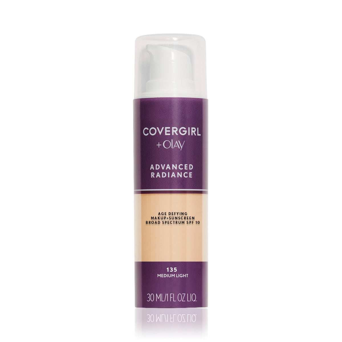 COVERGIRL front packaging showing Medium Light 135 shade and glossy bottle benefit radiant coverage
