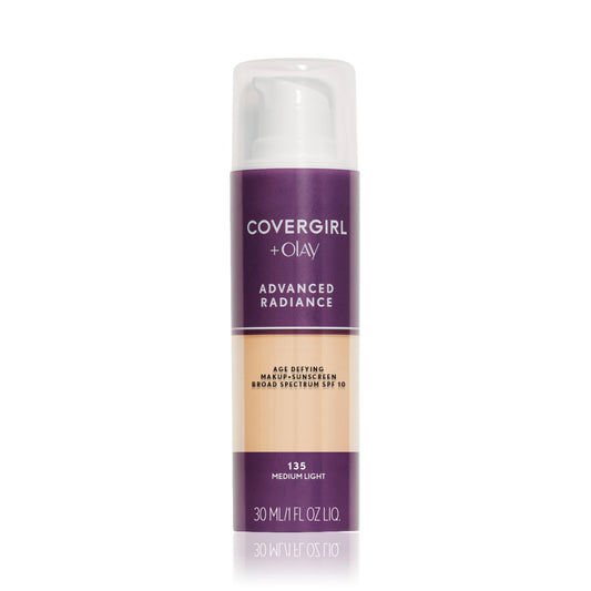 COVERGIRL front packaging showing Medium Light 135 shade and glossy bottle benefit radiant coverage