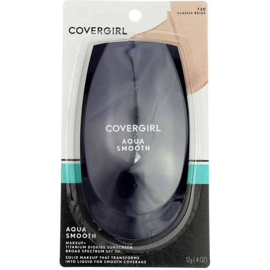 COVERGIRL front packaging of Aquasmooth compact showing shade 730 Classic Beige and mirror