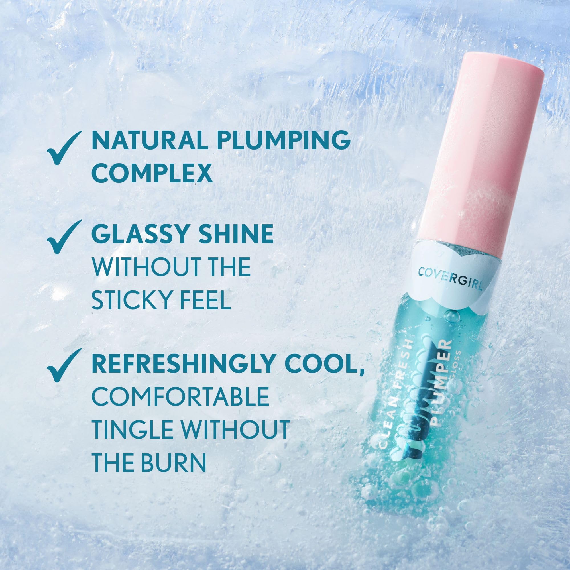 COVERGIRL lip swatch on model showing minty, glassy shine and fuller look