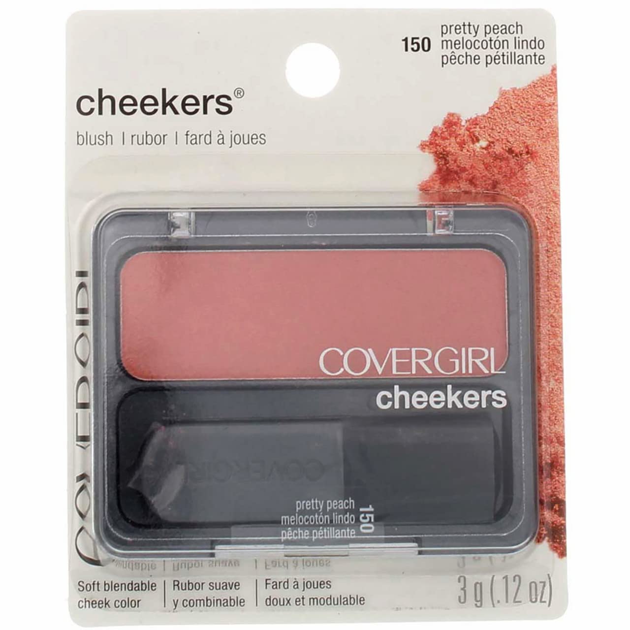 COVERGIRL Cheekers compact front view showing pretty peach shade and portable size for touchups