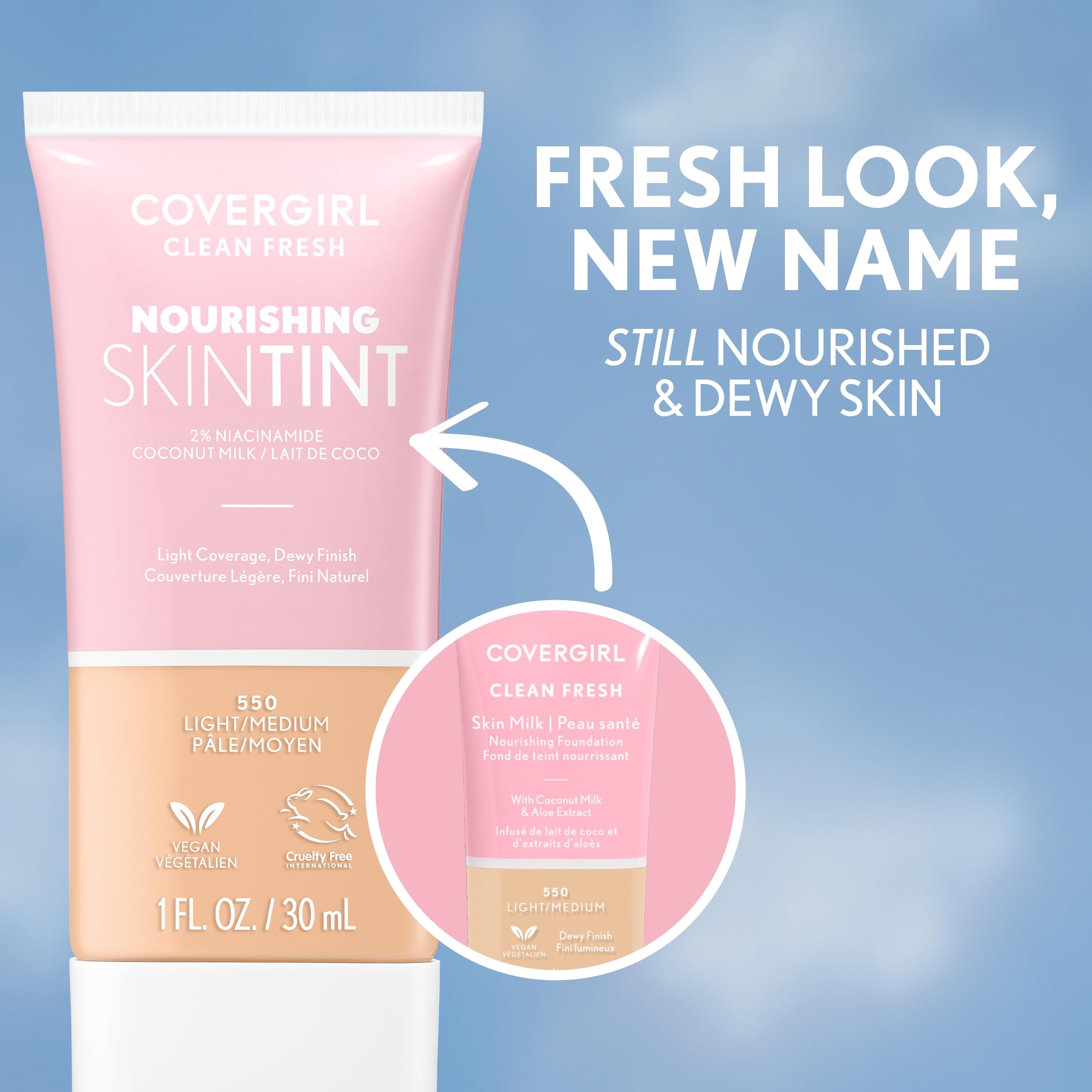 COVERGIRL close-up label of ingredients, emphasizes vegan and safe formulation