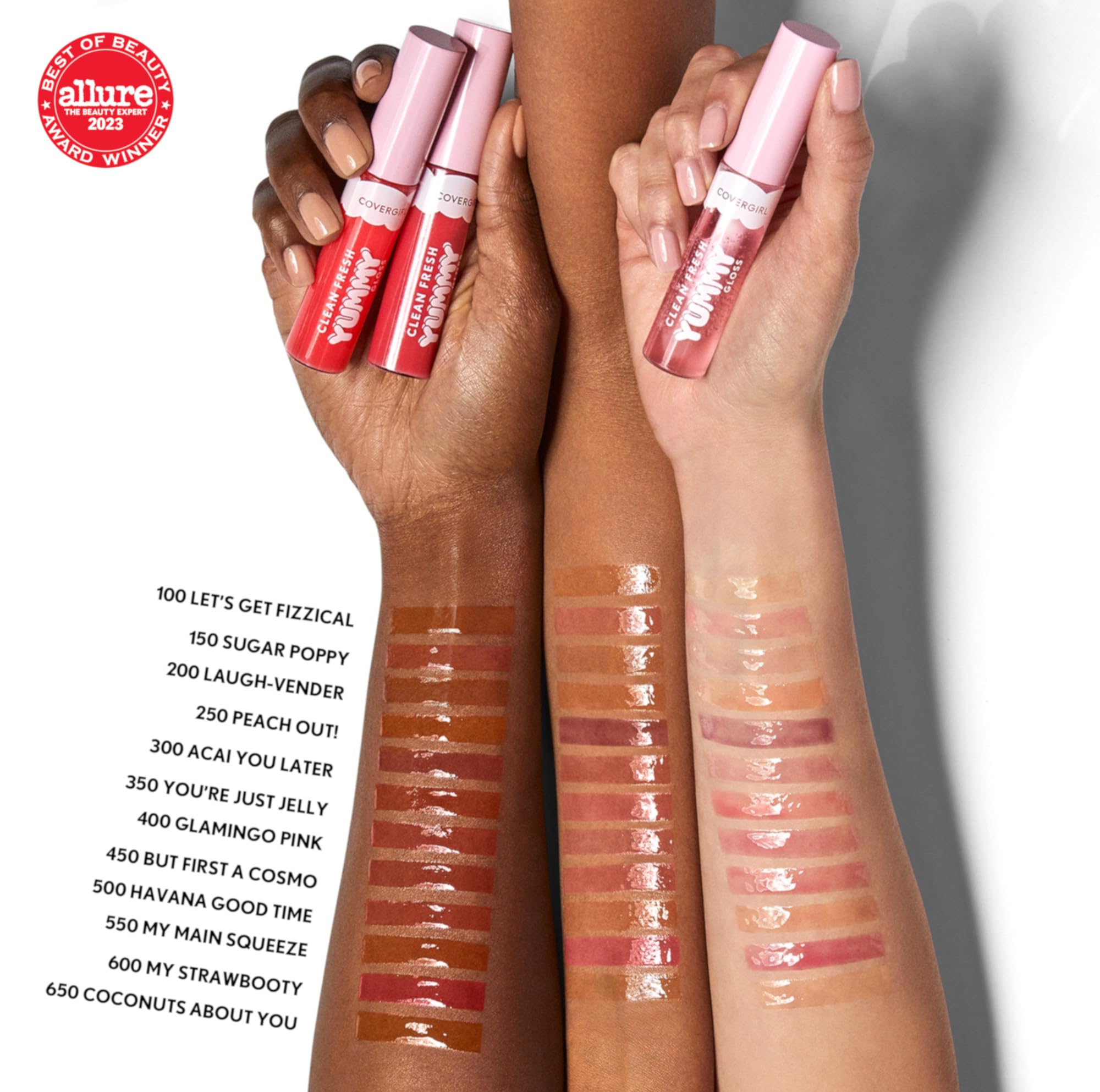 COVERGIRL gloss in hand to show size and travel-friendly convenience benefit
