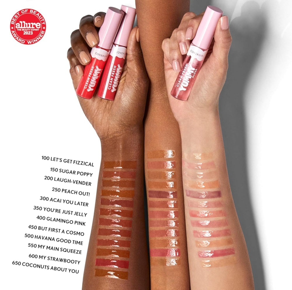COVERGIRL gloss worn on lips demonstrating sheer tint and juicy boost
