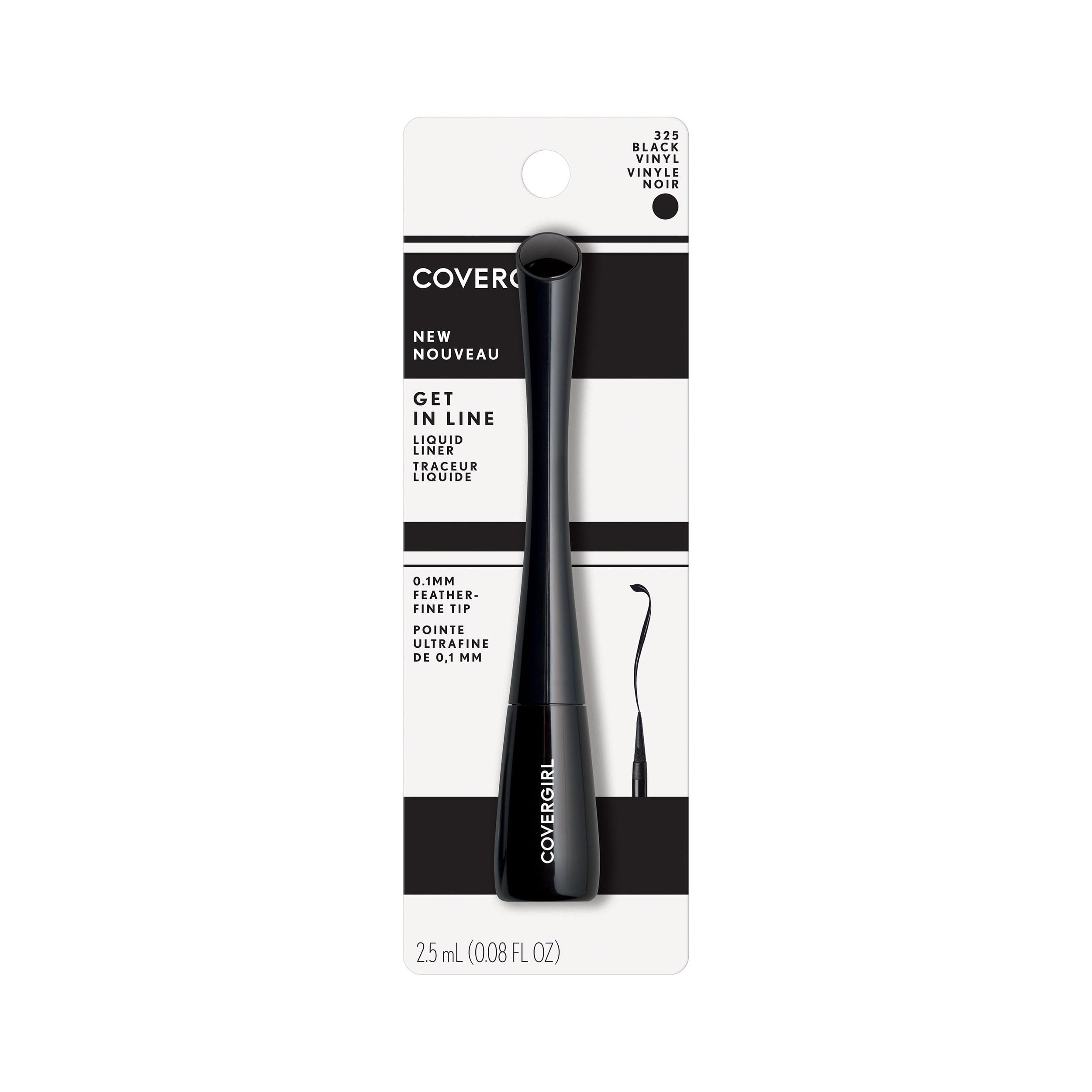 COVERGIRL eyeliner beside coin showing 0.08 fl oz size and travel convenience