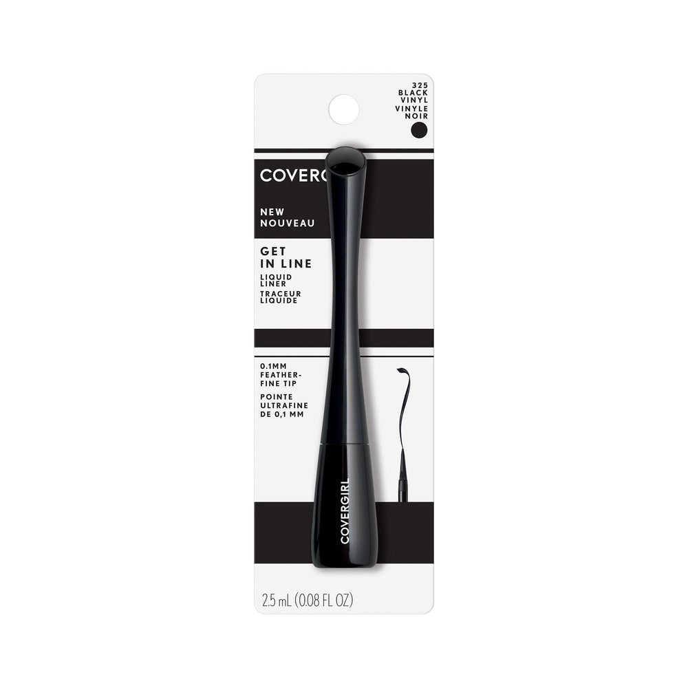 COVERGIRL eyeliner beside coin showing 0.08 fl oz size and travel convenience