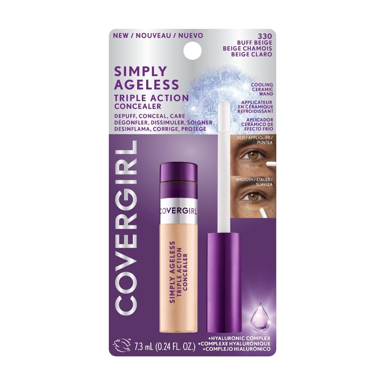 COVERGIRL ingredient label highlighting hyaluronic complex and niacinamide benefit