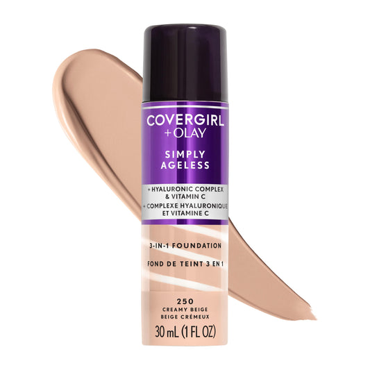 Covergirl & Olay front packaging shows bottle and label, clear product identity and benefit