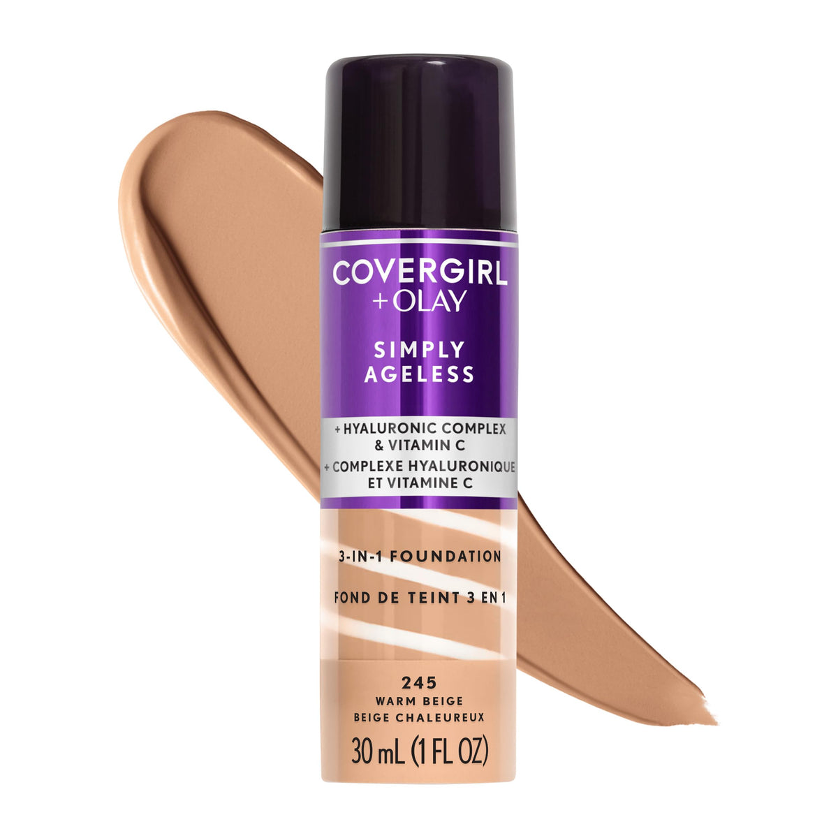 COVERGIRL & Olay front bottle shot showing packaging and shade label benefit: clear shade visibility