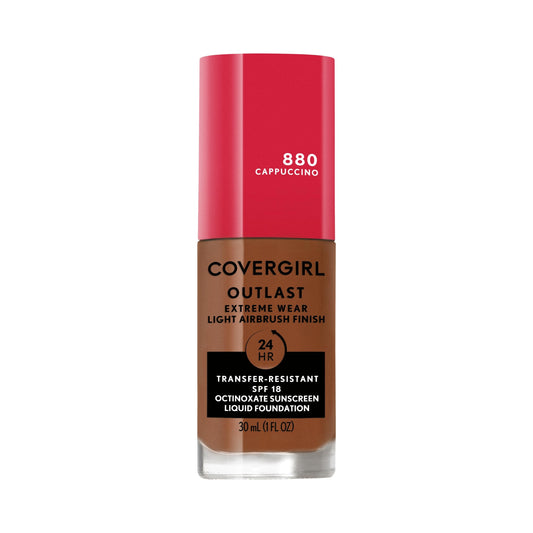 COVERGIRL bottle front view showing Cappuccino shade and easy pump for quick use