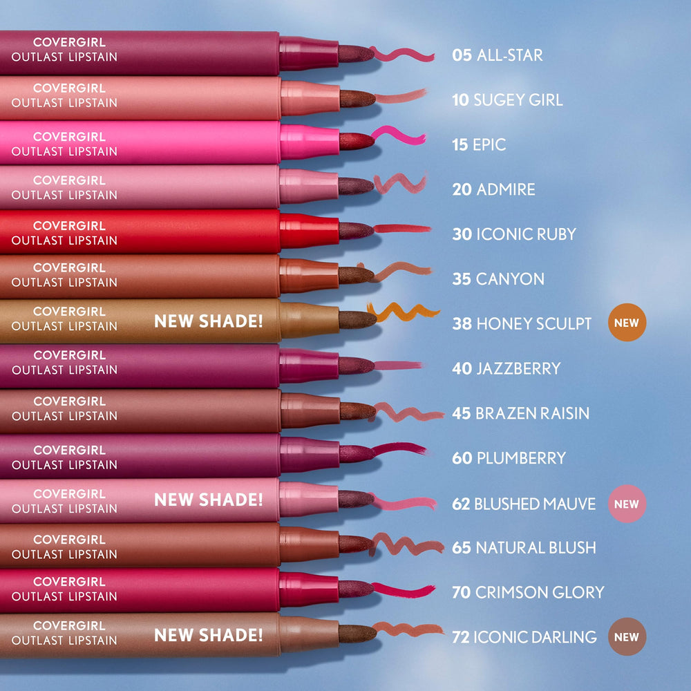 COVERGIRL lipstain on tabletop lifestyle scene showing travel‑ready convenience benefit