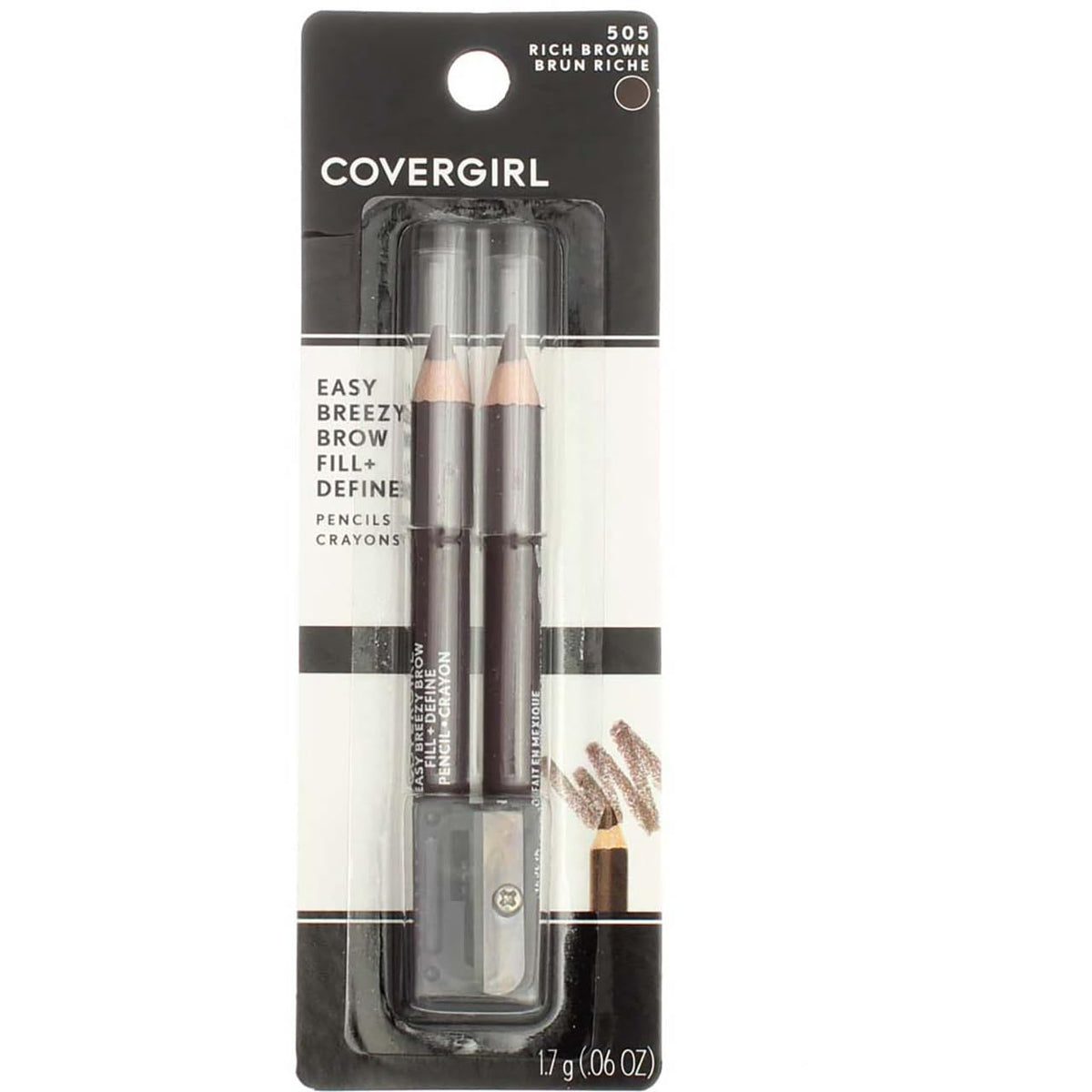 COVERGIRL front packaging showing two Rich Brown pencils and included sharpener, for easy on-the-go touchups