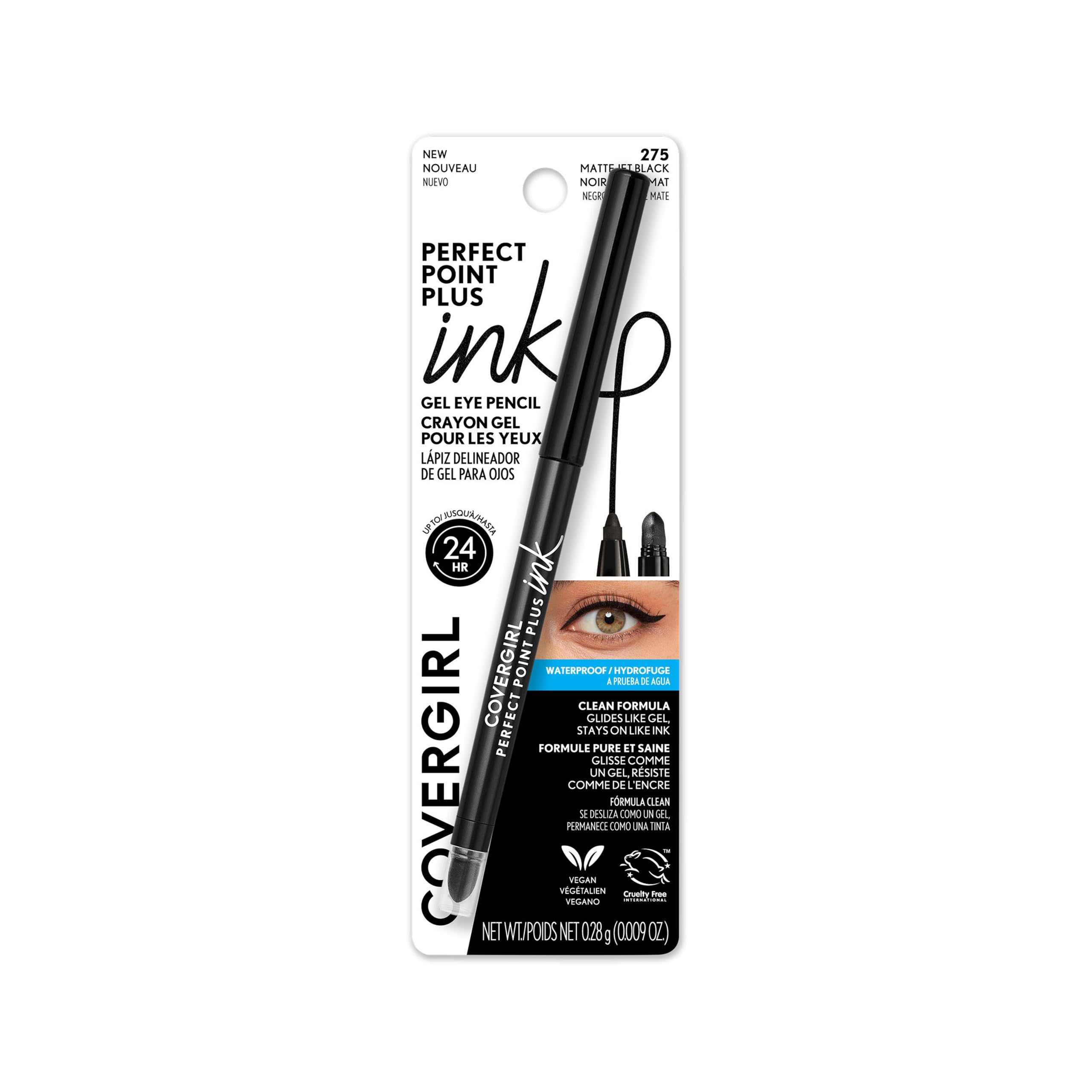 COVERGIRL pencil front packaging showing matte jet black shade benefit bold color