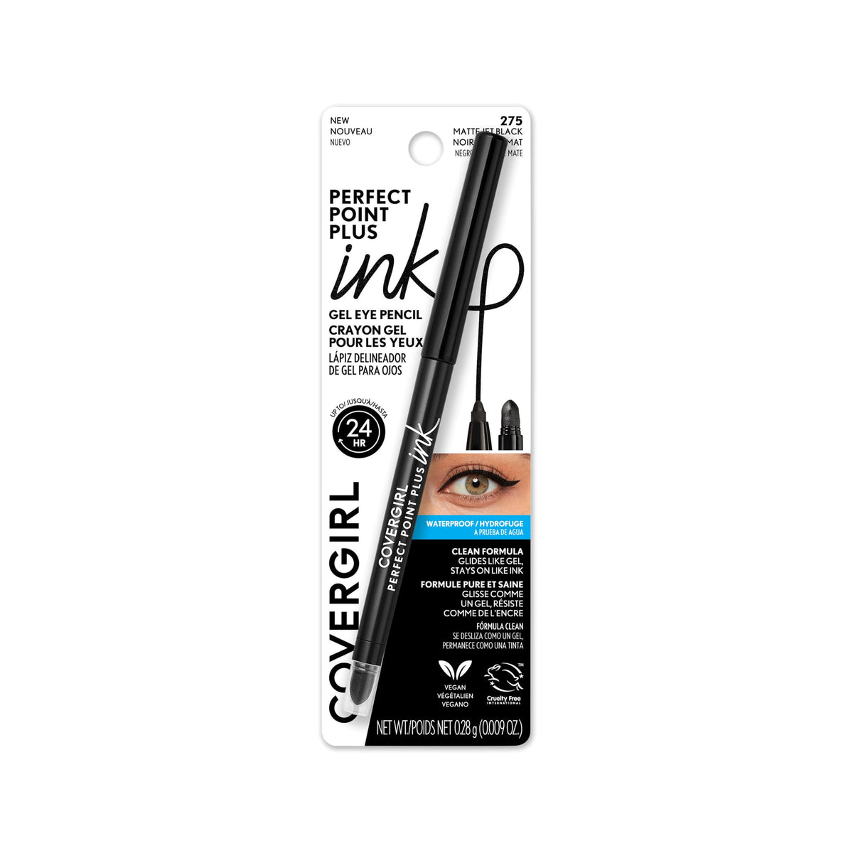 COVERGIRL pencil front packaging showing matte jet black shade benefit bold color