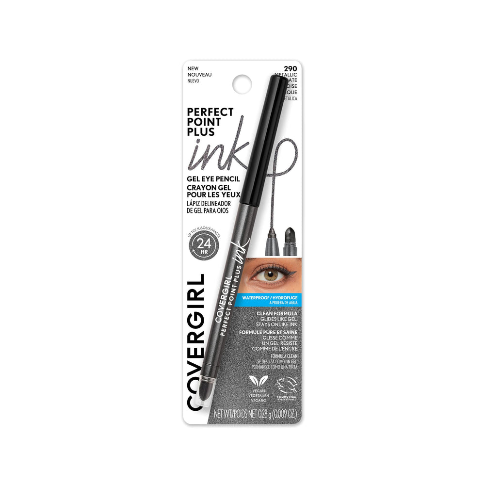 COVERGIRL pencil front packaging shows metallic-slate color and benefits