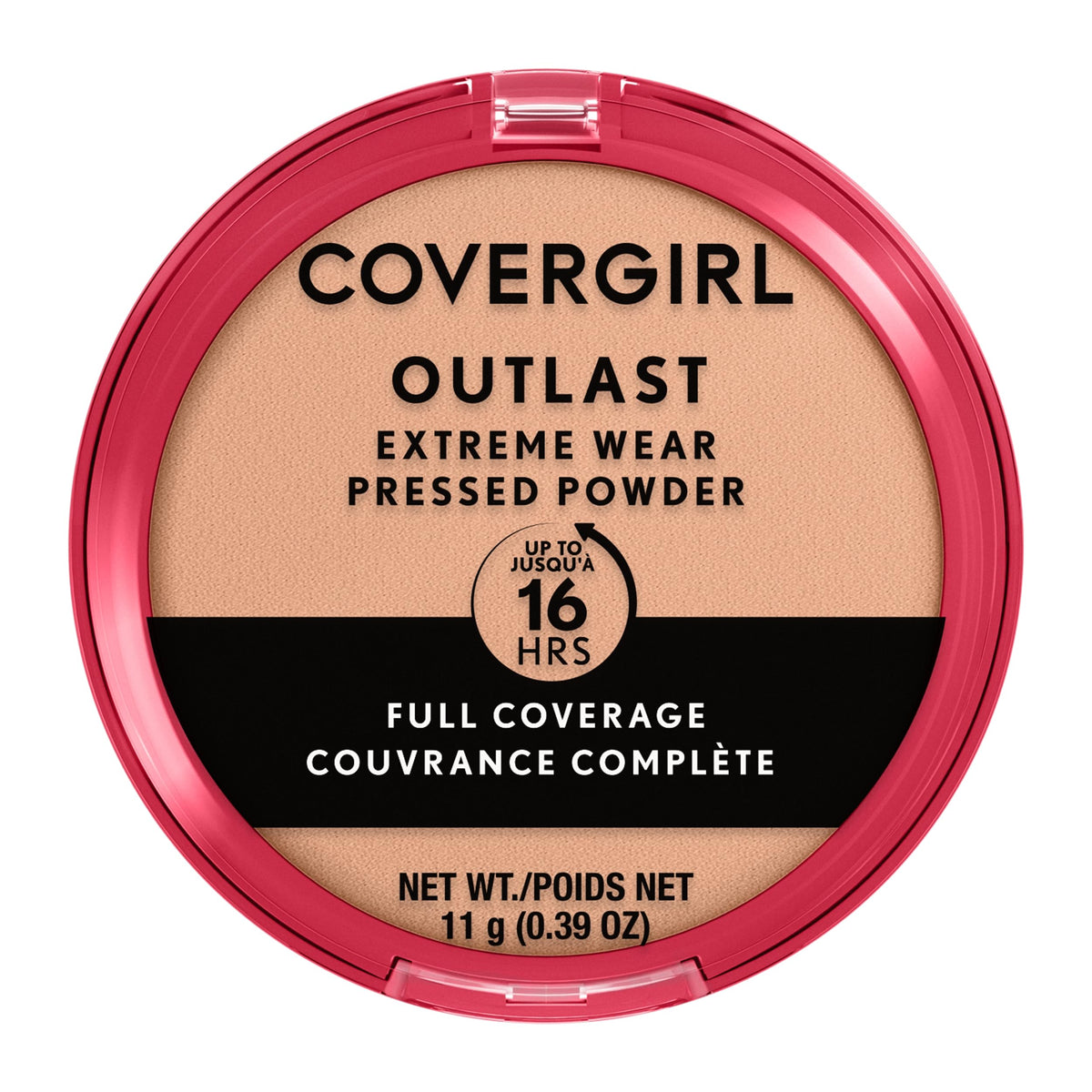 COVERGIRL pressed powder compact front view showing sleek packaging and easy portability benefit