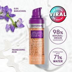 COVERGIRL bottle label detail highlighting ingredients like bakuchiol and tranexamic acid