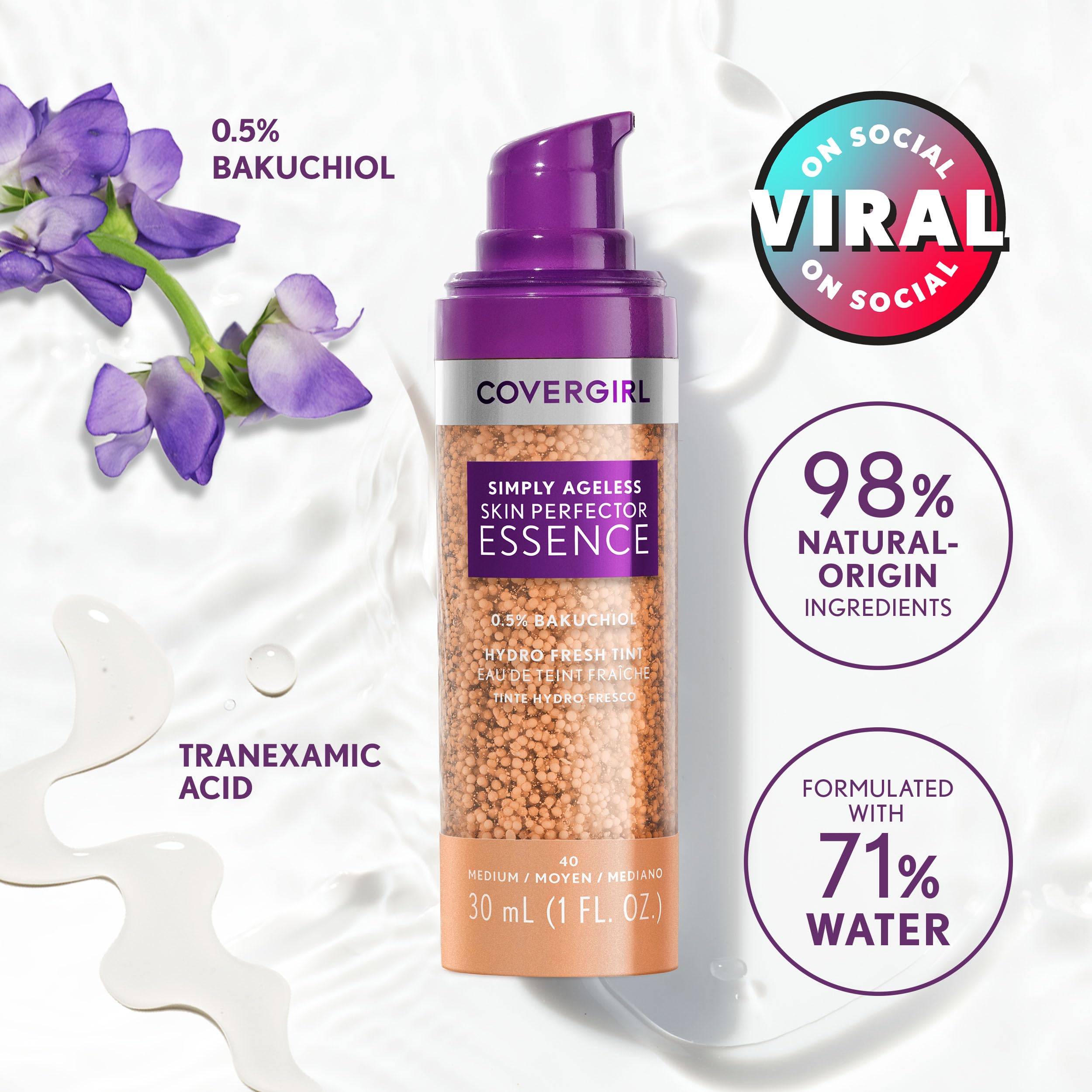 COVERGIRL bottle near ingredients list highlighting bakuchiol and tranexamic acid benefits