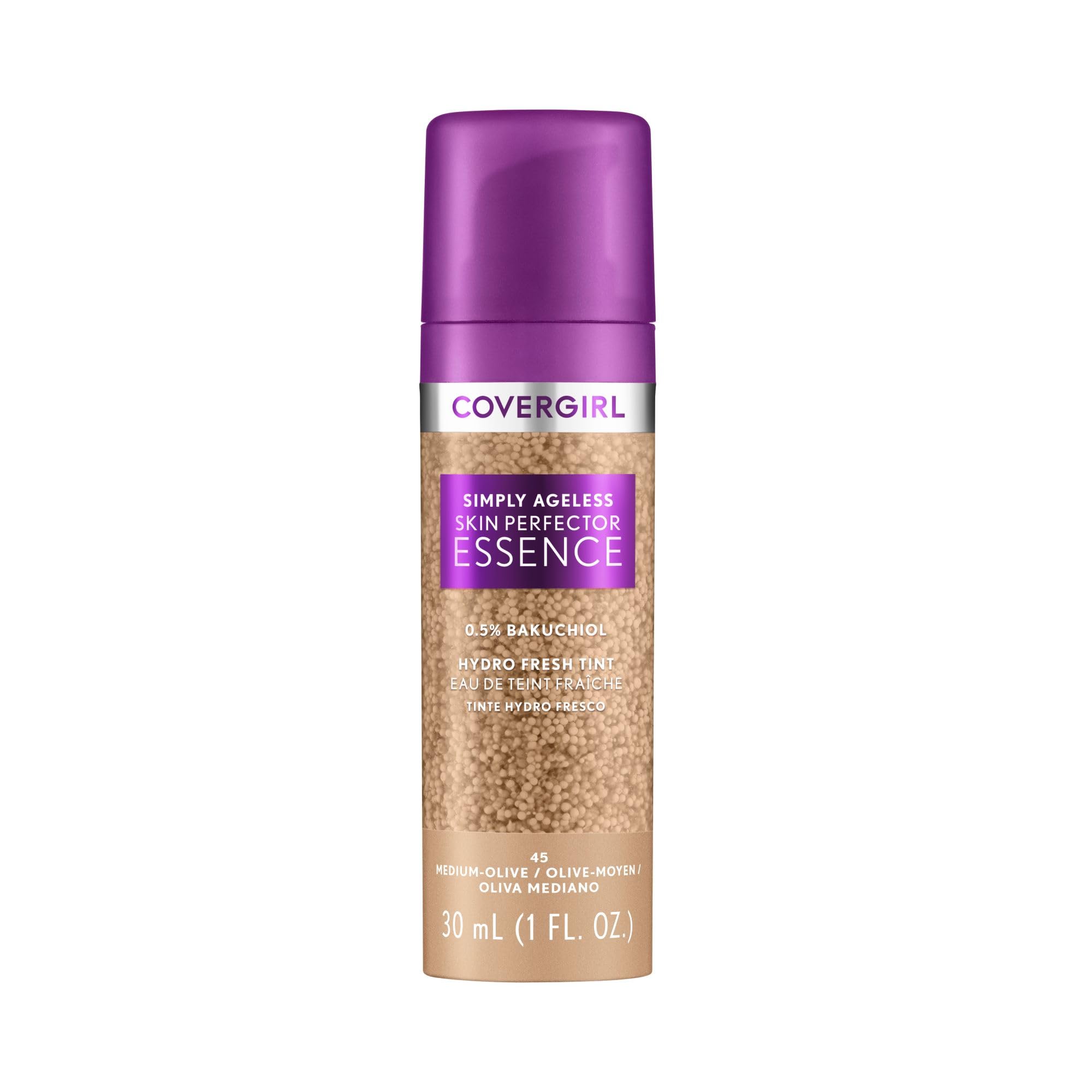 COVERGIRL front packaging showing bottle and shade 45 medium-olive benefits hydration