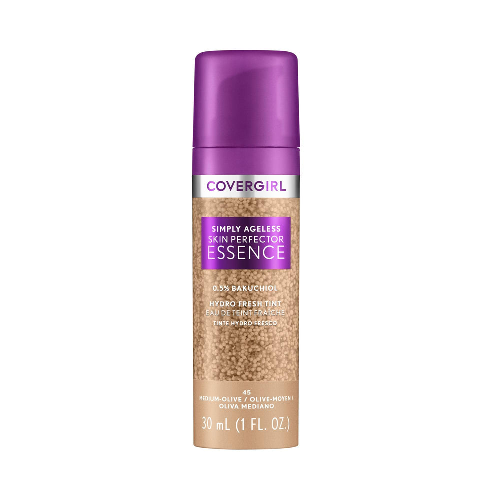 COVERGIRL front packaging showing bottle and shade 45 medium-olive benefits hydration