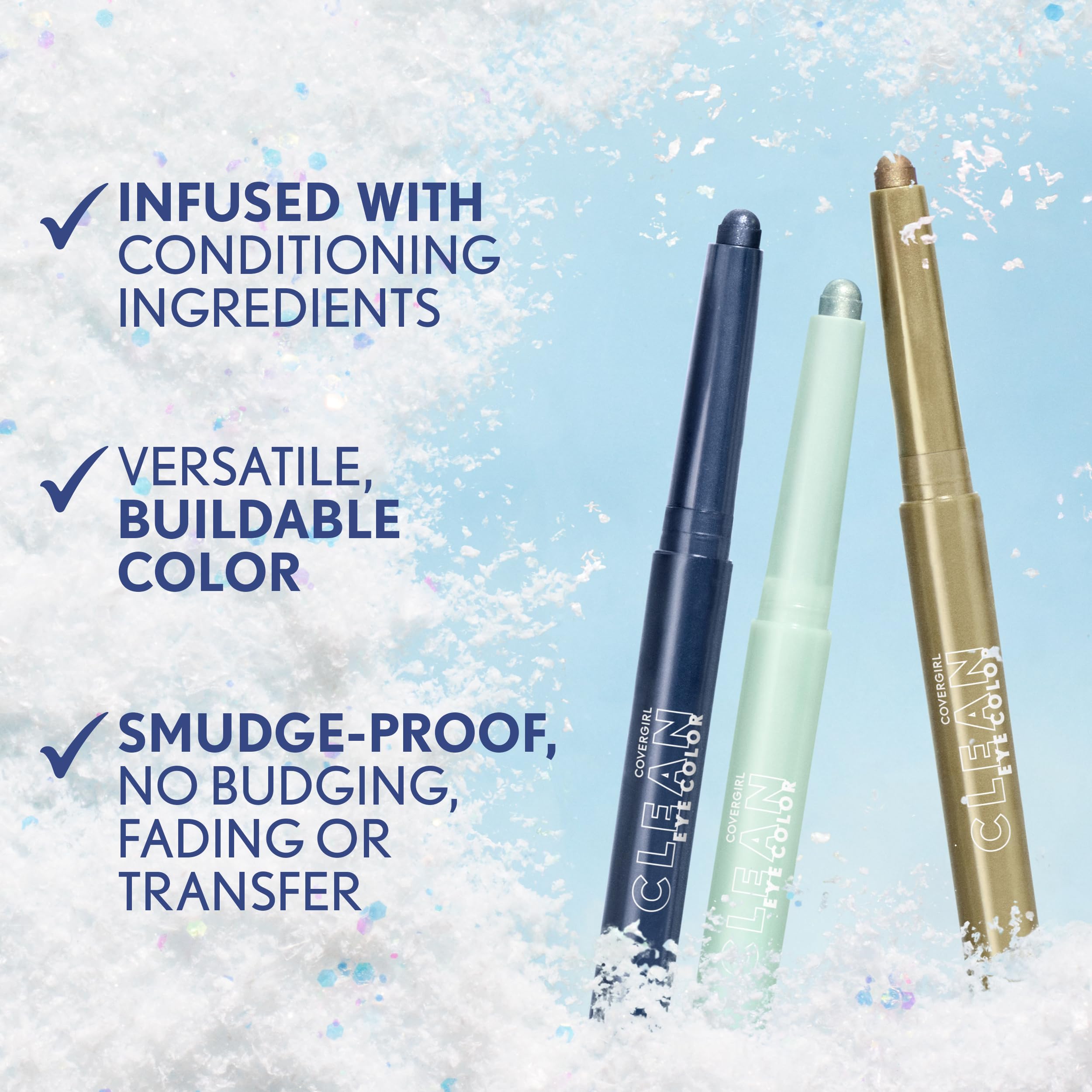 CoverGirl pencil applied on eyelid demonstrating frosted, luminous finish