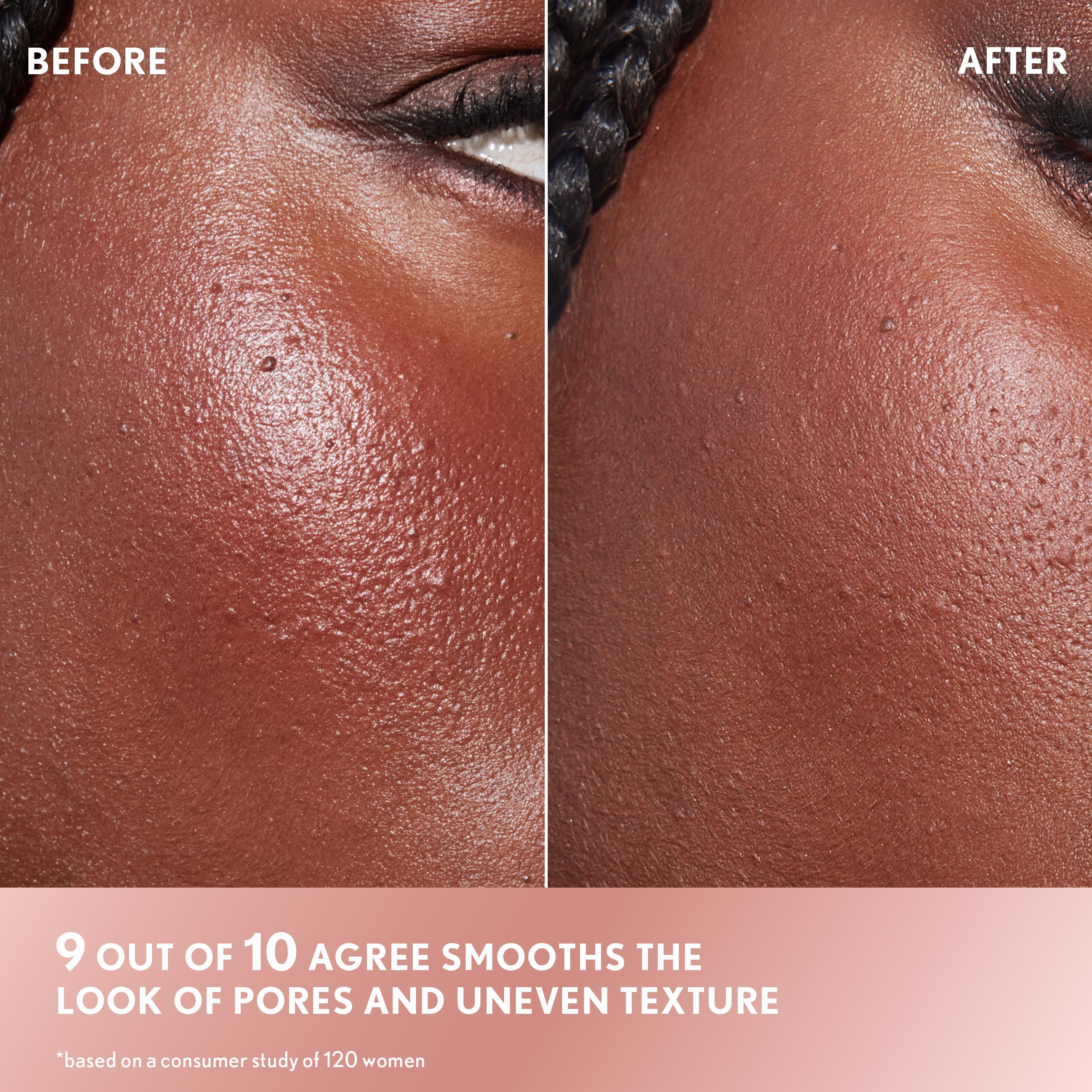 COVERGIRL split image before and after demonstrating blurred pore-effect benefit