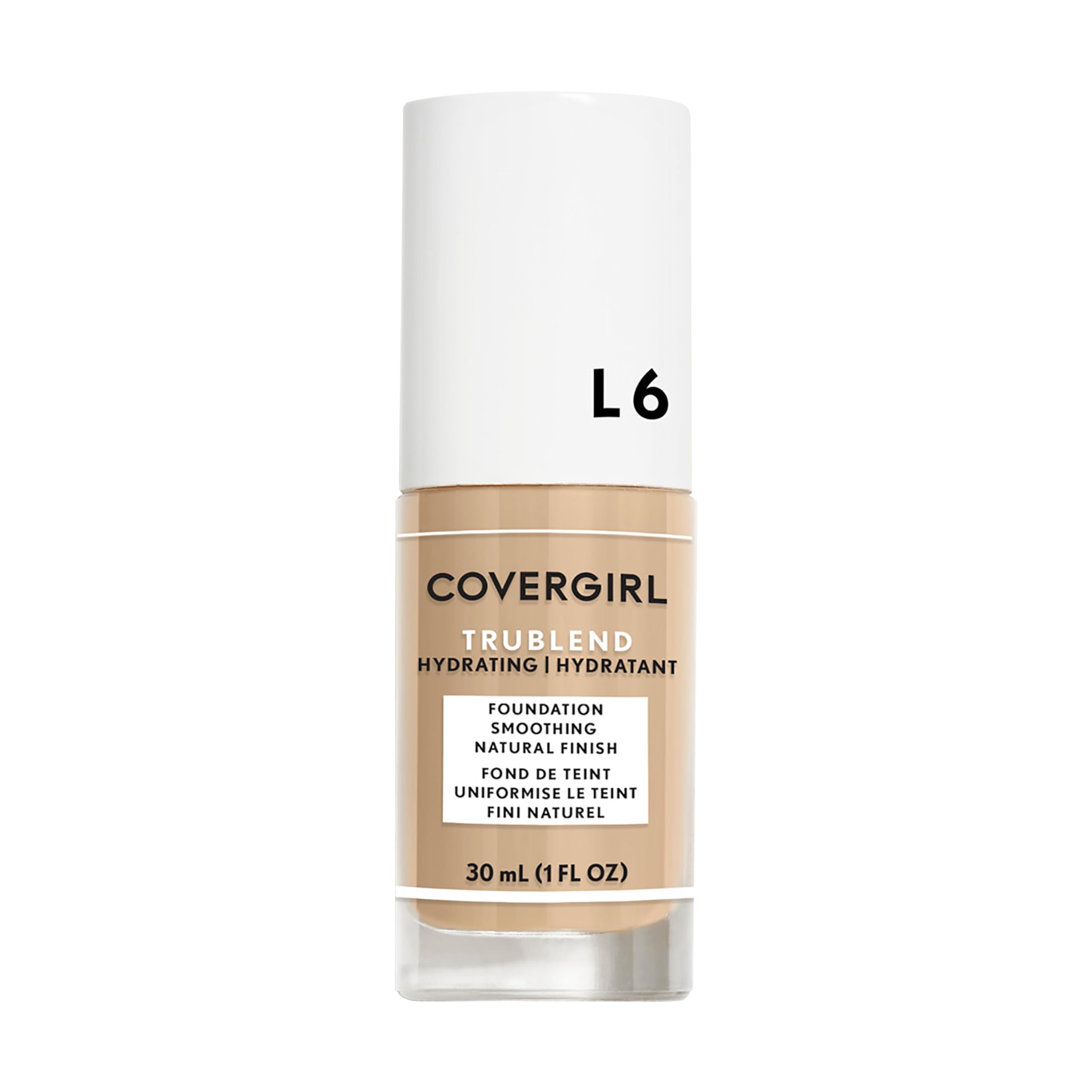 COVERGIRL bottle front showing label and shade Buff Beige L6 for instant shade ID