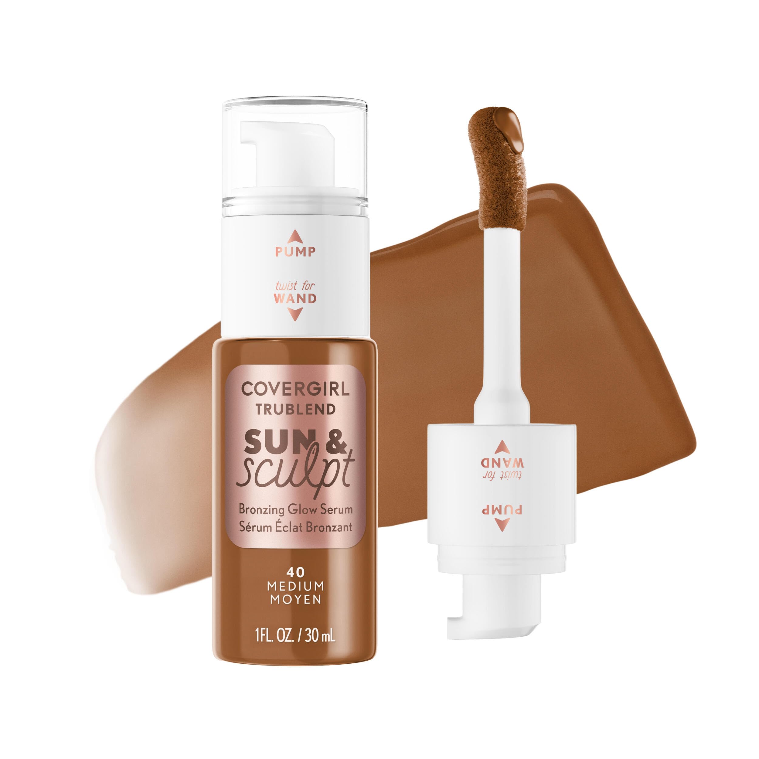 COVERGIRL bottle front showing sleek bronzing serum packaging and easy access