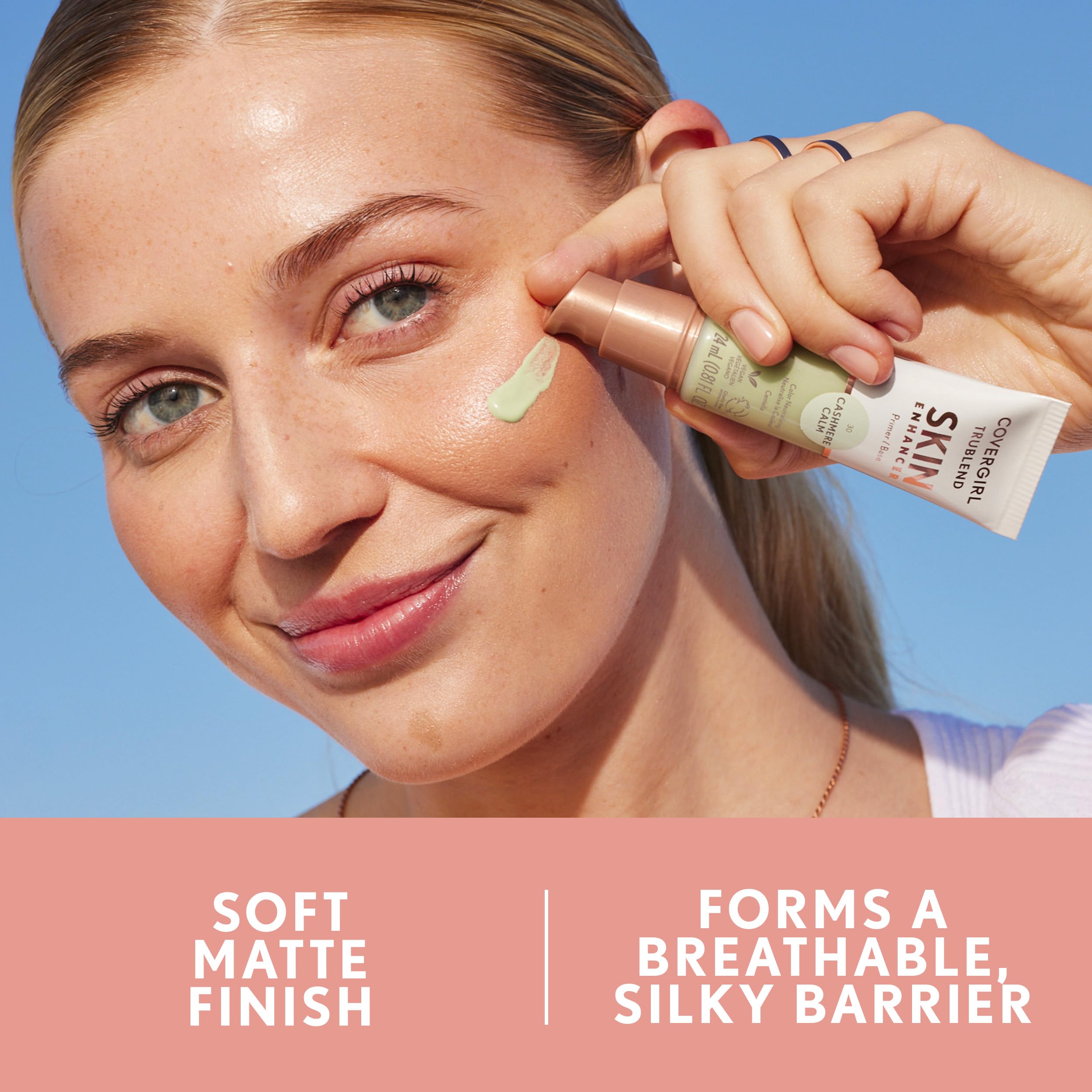 CoverGirl TruBlend Cashmere Calm dispense showing primer drop ready to smooth skin and prep makeup